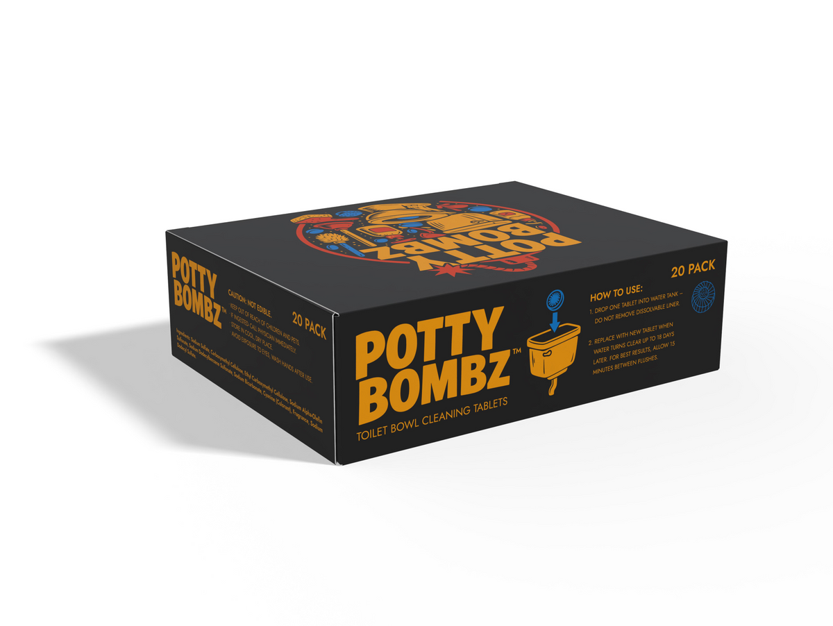 Potty Bombz 20 pack box, how-to-use panel and caution side
