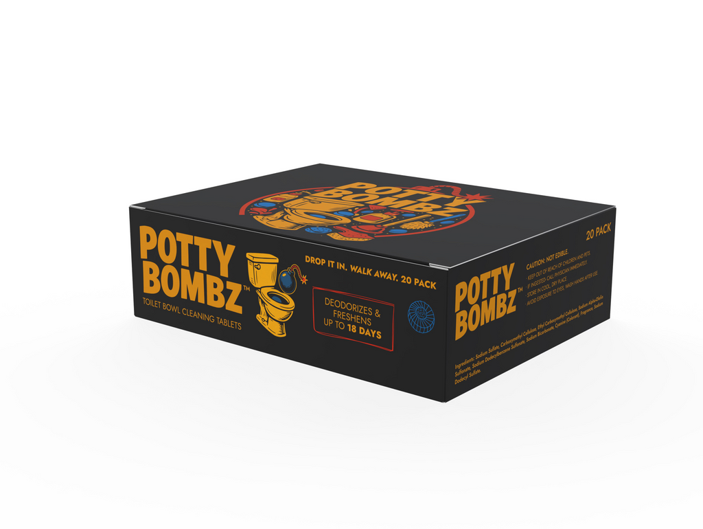 Potty Bombz toilet bowl cleaning tablets, 20 pack box, front: Deodorizes and freshens up to 18 days