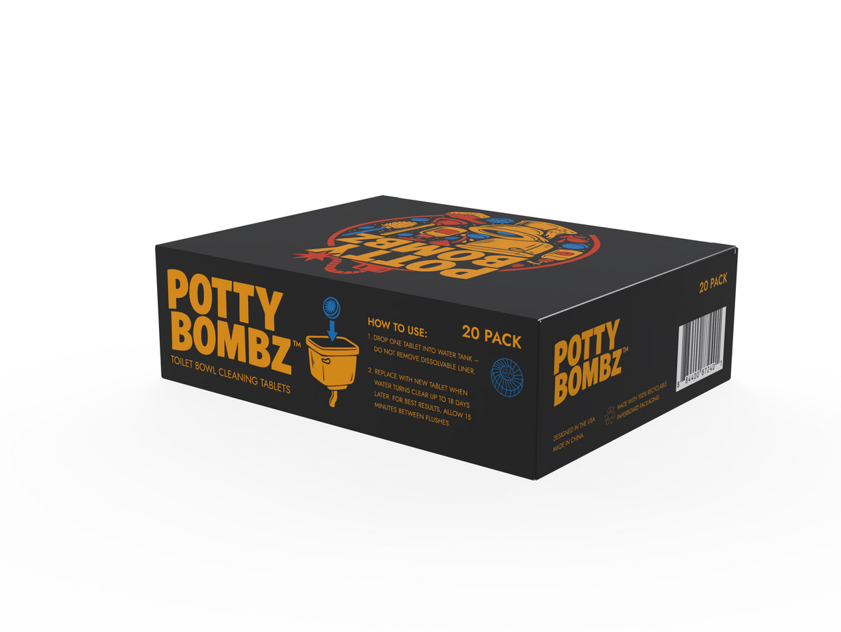 Potty Bombz 20 pack box, how to use: drop one tablet in the tank